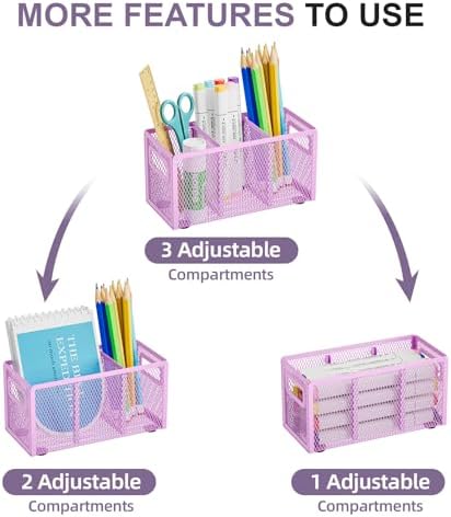Marbrasse Mesh Pen Holder for Desk, Pencil Holder Desk Organizer 3 Adjustable Compartments, Pencil Cup with Handle Perfect for Classroom, Office, Home, Makeup, Art (Purple)