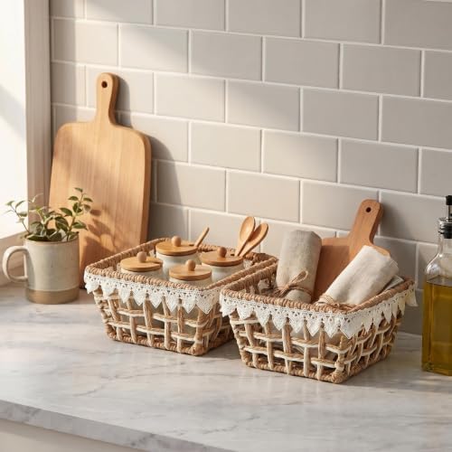 3-Pack Woven Paper Rope Storage Baskets with Lace Trim