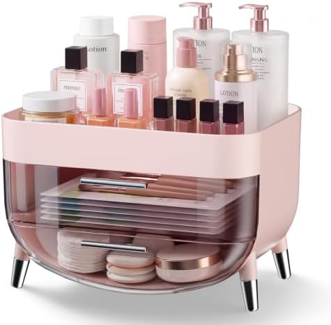 Jywantful Makeup Organizer for Vanity, Pink Skincare Storage with 2 Drawers