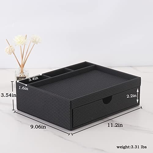Leather Desk Organizer With Drawers, Home Cosmetics Organizer, Phone Remote Organizer, Drawer Plus Divider & Tray (black)