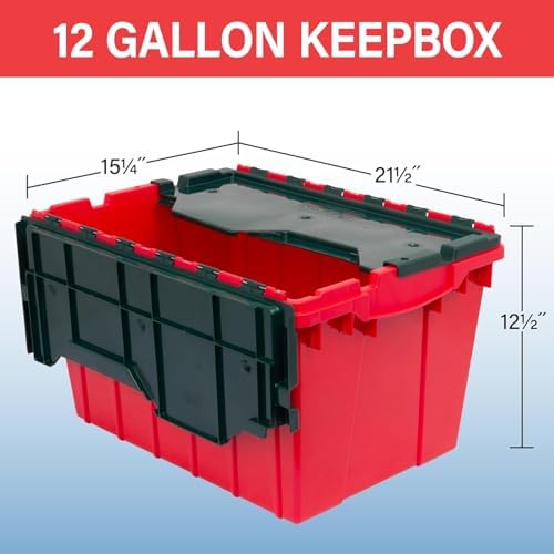 Akro-Mils KeepBox 12 Gal Storage Box, Lid Attached, Stackable, Red/Green
