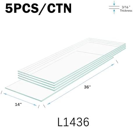 14" x 36" - 5-Pcs Tempered Glass Rectangular Shelves - 3/16" Thick - Home & Office Storage Racks