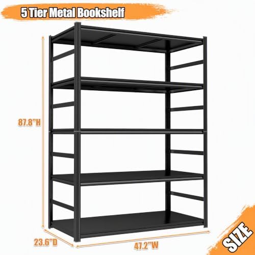 5 Tier Metal Bookshelf, 47"W Large Black Bookcase, 87"H Adjustable Industrial Tall Bookshelf, 900LBS Heavy Duty Book She