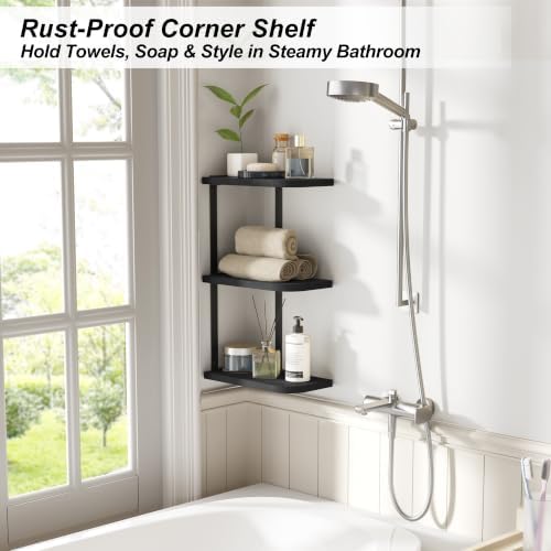 Love-KANKEI Corner Wall Shelf 3 Tier,Solid Wood with Bracket,17" Tall,Black