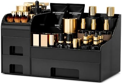 Extra Large Makeup Organizer for Vanity, 3 Drawers and Brush Holder, Countertop Cosmetic Storage for Skincare and Perfum