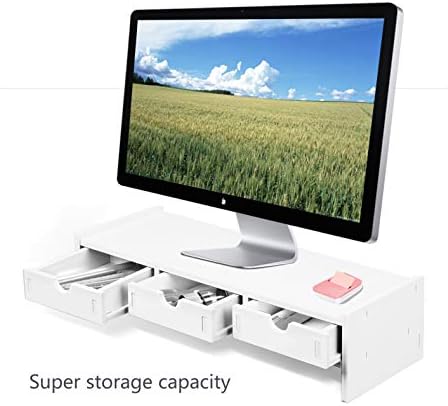 valen Monitor Stand Riser, Computer Laptop Riser Shelf with 3 Organizer Drawers (White, 19.5" L x 7.5" W x 4.7" H) (Whit