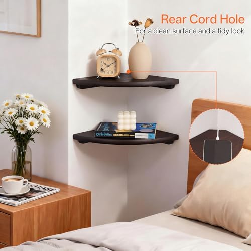 Gieanoo Floating Corner Shelves Set 2 12inch Walnut Solid Oak Rounded Corner Shelves Wall Mounted with Cable Hole Wood C