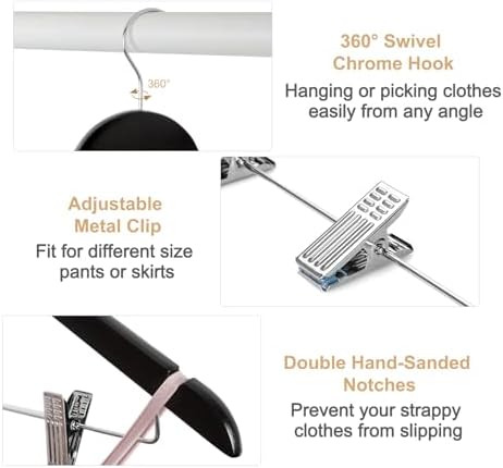 TOPIA HANGER Wooden Suit Hangers with Adjustable Metal Clips (20 Pack), Solid Wood Coat Hangers, 360° Swivel Hook, Premium Clothes Hangers for Jacket, Pant, Jeans, Blouse-Black, CT28B20