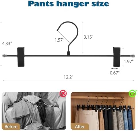 9 Pack Pants Hangers with Clips, 12.2 Inch Slim Metal Clothes Hangers with 360° Swivel Hooks, Heavy Duty Space Saving Closet Hangers for Jeans, Slacks, Shorts (Black)