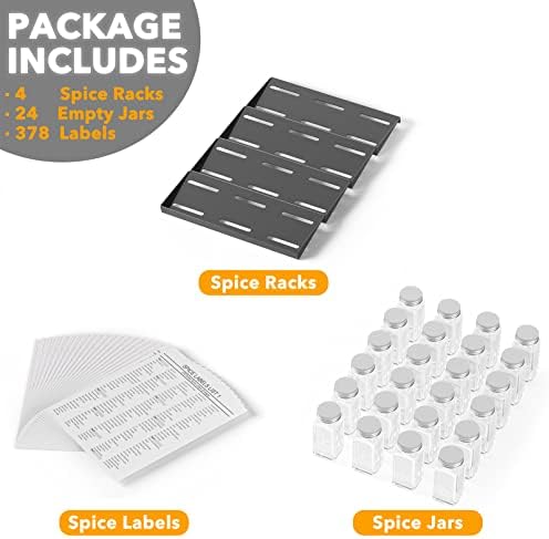SpaceAid Spice Drawer Organizer with 24 Spice Jars, 378 White Minimalist Spice Labels, 4 Tier Seasoning Rack Tray Insert