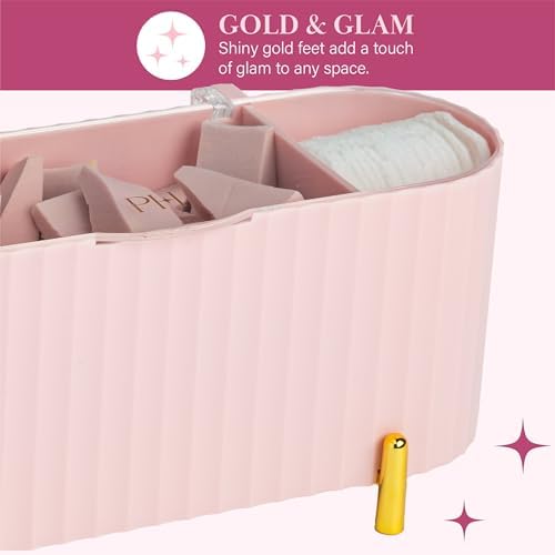 Paris Hilton Makeup & Storage Organizer with Lid, Customizable 3-Compartment Tray, Elegant Ribbed Design, Compact & Dura