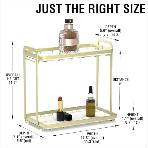 Counter Organizer for Bathroom, Kitchen or Coffee Bar, Metal Shelf with Faux Marble, Vanity Countertop Makeup Storage, D