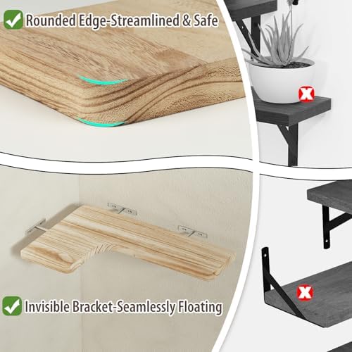SAUMONIERES Corner Floating Shelves 24 Inch Wall Mount Shelf Solid Wood for Bedroom Bathroom Kitchen Storage Set of 2, R