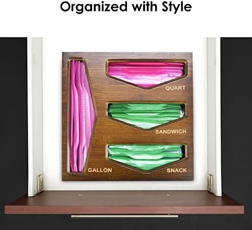Bamboo Bag Storage Organizer for Kitchen Drawer, Baggie organizer, Compatible with Gallon, Quart, Sandwich and Snack Var