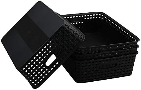 Bringer 4-Pack Classroom Storage Baskets, Large Plastic Paper Trays, Black