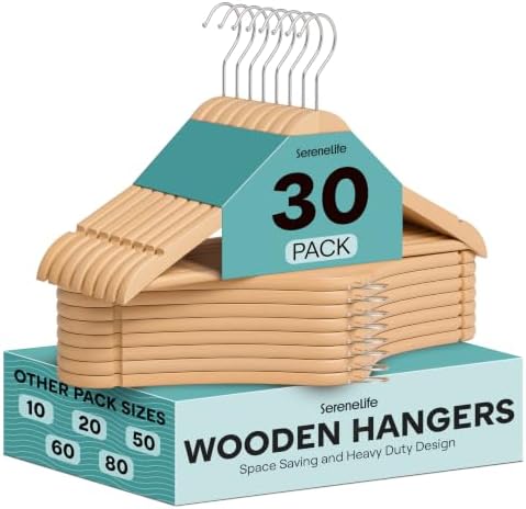SereneLife Wooden Hangers 30 Pack, Non-Slip, Sturdy, Heavy Duty Suit Hanger Set with 360° Chrome Swivel Hook, Space-Saving Wood Hangers Closet Organizer for Clothes, Coat, Pants, Dress (Natural)
