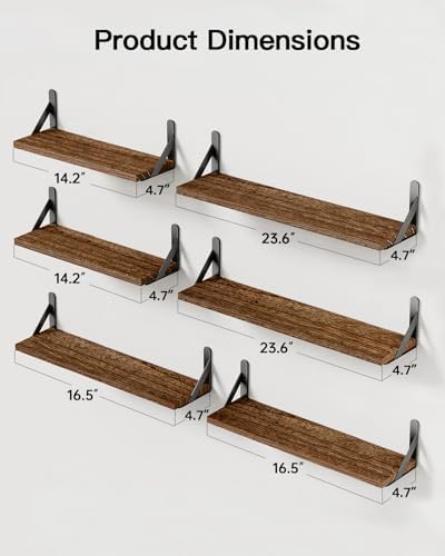 Amada Solid Paulownia Wood Wall Shelves, Large Size, 6 Pcs, Brown