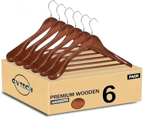 GVTECH Premium Wooden Hangers [6 Pack] - Wide-Shoulder Hangers for Heavy Garments – Non-Slip Suit Hangers with 360-Degree Swivel Hook for Coats, Blazers, and Jackets (Retro)