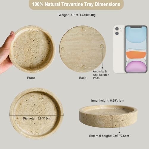 5.9" Round Travertine Tray, Small Marble Jewelry Dish Vanity Tray Beige