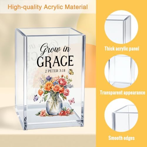 Grow In Grace Acrylic Cosmetic Pencil Pen Holder Cup, Inspirational Christian Gifts for Mom Grandma Daughter Niece Aunt BFF Women, Graduation Gifts for Daughter Niece, Spiritual Growth Present