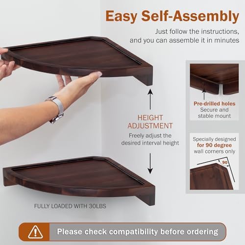 Demigo Round Floating Corner Shelves, Dark Brown Wall Shelf, Set of 2