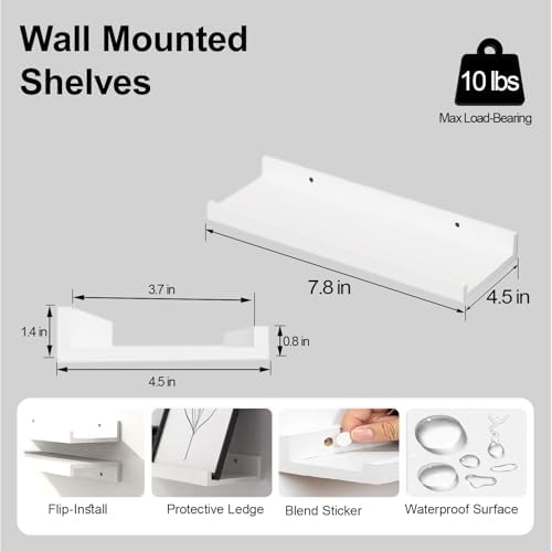 Small White Floating Shelves for Wall, Shelf with Lip Set of 2, 8 in