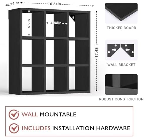 Helsin 9 Grid Vintage Coffee Mug Display Rack, 16inch Wall Mounted Wooden Curio Shadow Box Shelf, Cup Floating Shelves D