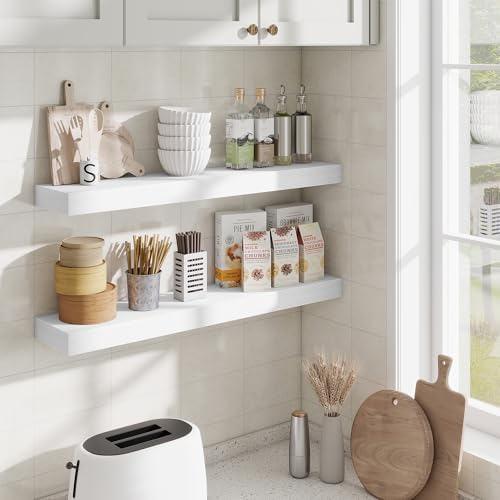 Fun Memories Bathroom Shelves 32 Inch Long Set of 2, Floating Shelves for Wall with Invisible Brackets, for Bedroom, Liv