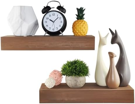 Wall-Mounted Floating Shelves - Set of 2, Solid Wood Teak Brown, 16.5” W x 6” D x 2.5” H - Rustic Decorative Storage for