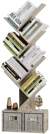 Vagusicc 6 Tier Tree Bookshelf with 2 Storage Cabinets, Tall Display Shelf Organizer for Books, Magazines, Home Decor, N