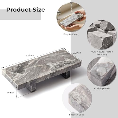 Marble Soap Tray for Bathroom Kitchen Countertop 8.6" x 3.6" Waterproof Soap Dish Holder, Stone Pedestal Stand for Sink,
