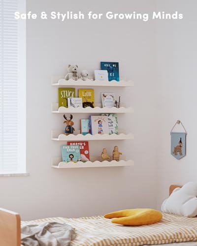 Seocry Kids' Bookshelf Set of 4 - White Floating Nursery Book Shelves, Picture Ledge Shelf for Wall Decor and Storage - Perfect for Books, Toys, Photo Frames, and Nursery Décor