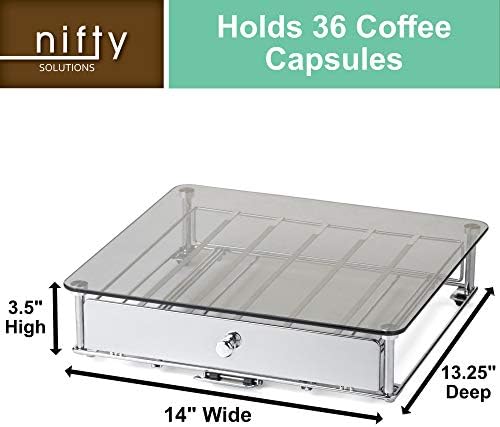 Nifty Rolling Coffee Pod Drawer - Glass Top & Chrome Finish, Compatible with K-Cups, 36 Pod Pack Holder, Compact Under C