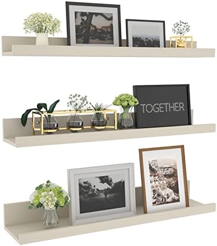 Giftgarden 24 Inch Floating Shelves for Wall, Creamy White Beige Wood-Grain Wooden Shelf Ledge for Bathroom Kitchen Livi
