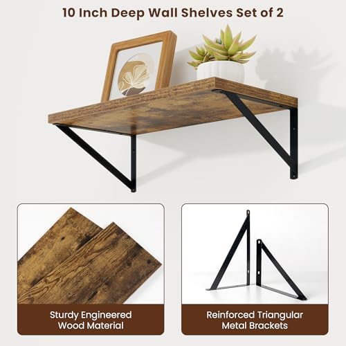 Axeman 20 Inch Floating Shelves, 10 Inch Deep Brown Wall Shelves Set of 2