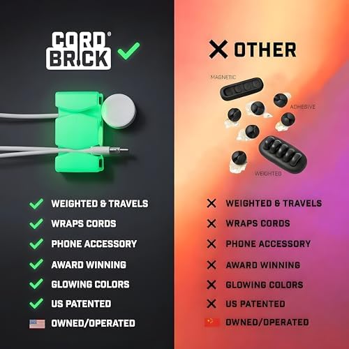 CordBrick Glowing Silicone + Steel Weighted Cable Holder for Nighstand, Cord Wrap for Travel, Unique iPhone Accessory. S