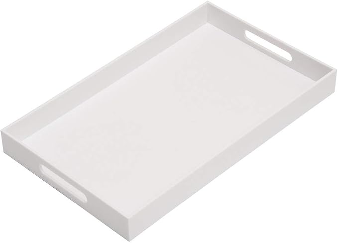 KEVLANG Glossy White Sturdy Acrylic Serving Tray with Handles-12x20 Inch-Serving Coffee Appetizer Breakfast-Kitchen Countertop Makeup Drawer Organizer-Vanity Table Ottoman Decorative Tray