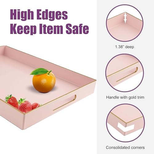 Gifturbo Pink Large Serving Tray with Handles，Rectangular Plastic Elegant Decorative Coffee Table Tray for Ottoman, Livi