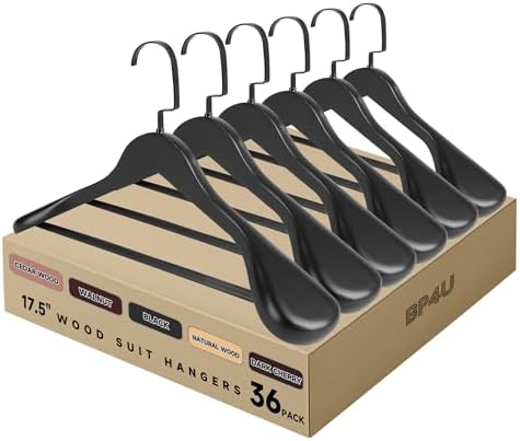 17.5" Wooden Suit Hangers, Non Slip Pants Bar, Black, 36-Pack