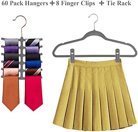 VECELO Premium Velvet Suit Heavy Duty-Non Slip & Space-Saving Clothes Hangers with 8 Finger Clips and Tie Rack for Men and Women (60 Pack), Gray