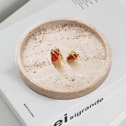 5.9" Round Travertine Tray, Small Marble Jewelry Dish Vanity Tray Beige