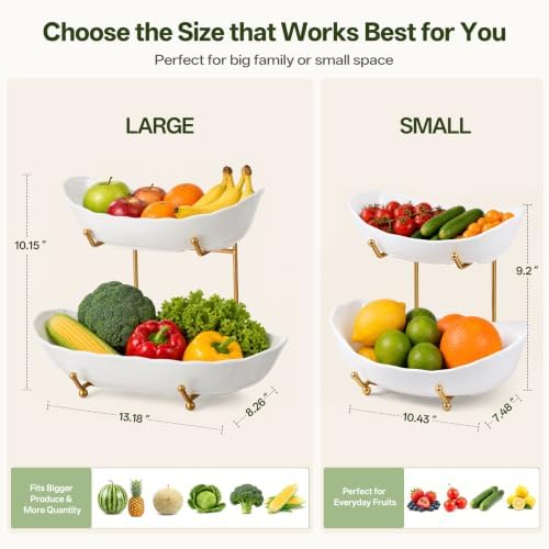 HBlife 2 Tier Large Fruit Bowl, Ceramic Fruit Basket for Kitchen Counter