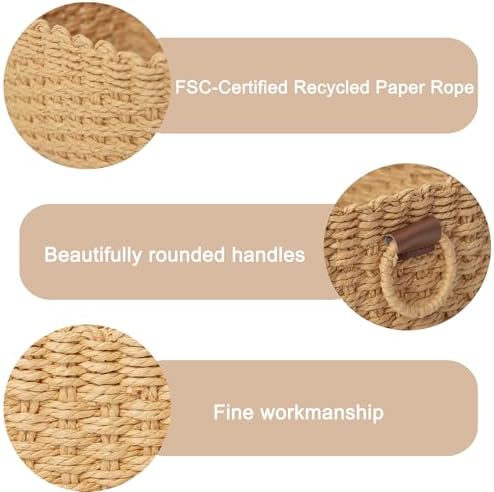 QINGTUHONE Woven Paper Rope Wicker Basket for Organizing(Set of 3,Desert)