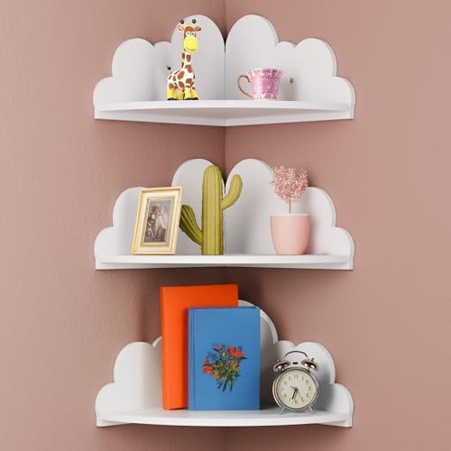 Solid Wood Cloud Floating Corner Shelves for Nursery, Set of 3 Cloud Shaped Wall Shelf, Cute Corner Shelves Wall Mounted