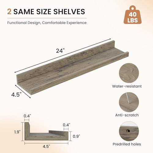 Dreamland Picture Ledge Shelf for Wall, Floating Shelves Set of 2,24 inch Long Floating Shelves with Lip for Living Room,Bedroom,Bathroom,Kitchen,Grey