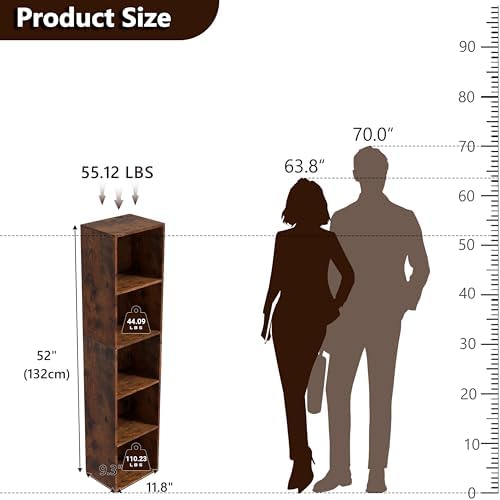 5-Tier Wooden Cube Storage Organizer, 52 Inch Tall Bookcase & Display Shelf with 5 Open Cubes, Freestanding DIY Closet S