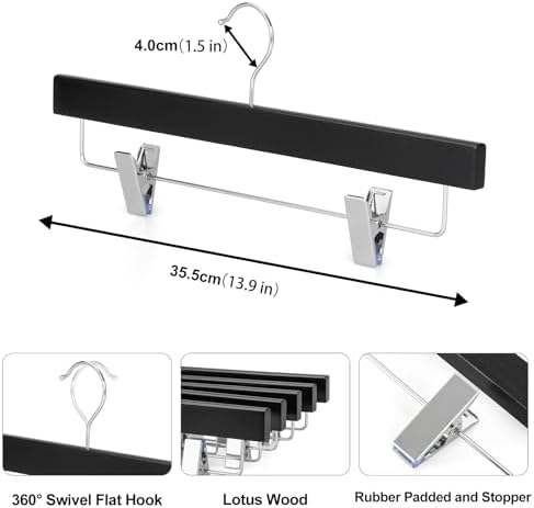 TOPIA HANGER Black Wood Pants Hangers, Wooden Skirt Short Jeans Trouser Hanger with Smooth Surface 360° Swivel Hook Anti Rust 2 Adjustable Clips, 20 Pack, CT10PB20