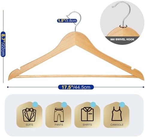 Korpai 30 Pack Wooden Hangers,Wooden Clothes Hangers with Smooth Pant Bar and Shoulder Notches,Heavy Duty Hangers with 360-Degree Rotatable Hook, Coat Hangers for Coats,Shirts,Dress,Pants,Natural