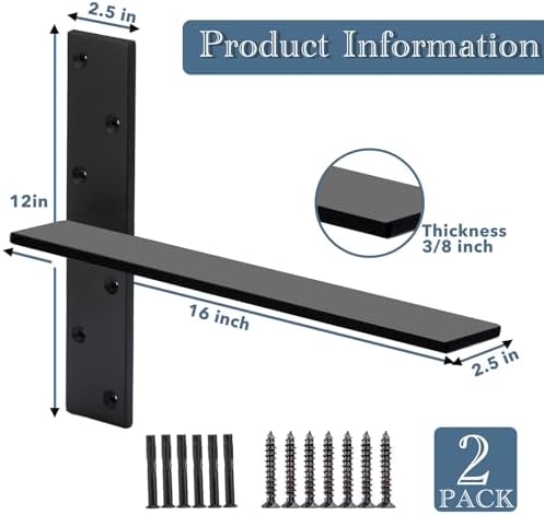 Free Hanging Countertop Support Bracket 16" Lx2.5 W 2 Pack Hidden Floating Wall Bracket 3/8" Thick Heavy Duty Shelf Brac