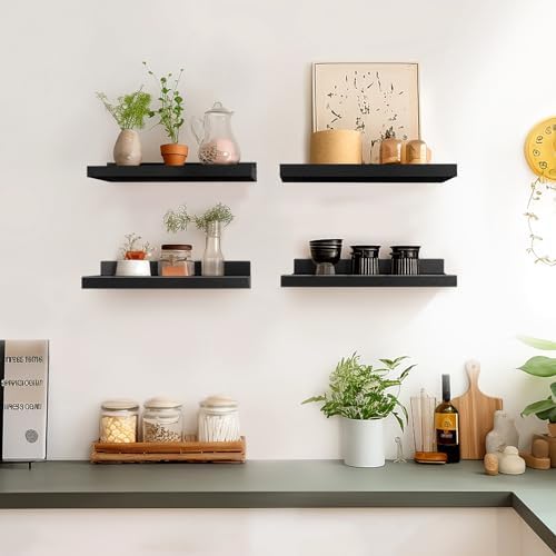 LaVie Home Floating Shelves for Wall Storage Set of 4, 15.6 Inch Picture Ledge Shelf, Black Wall Shelves with Lip for Kitchen, Bedroom, Bathroom, and Living Room